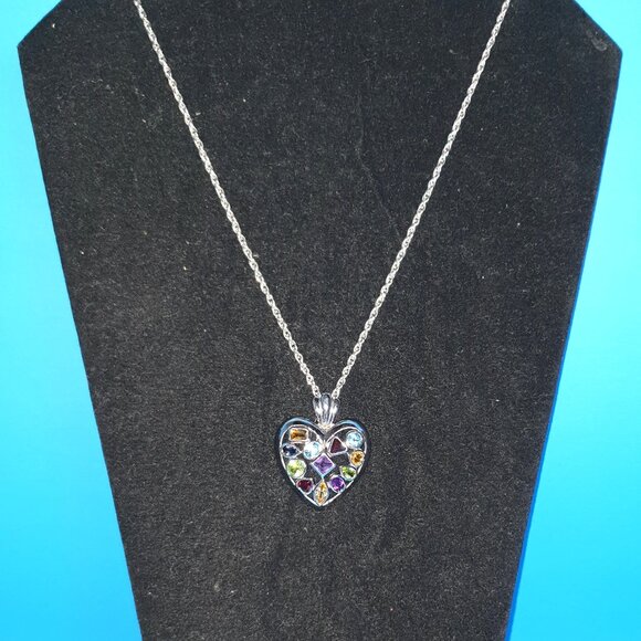 Vintage High Quality Sterling Silver Natural Multi-Gem Heart Pendant Necklace - Picture 4 of 13